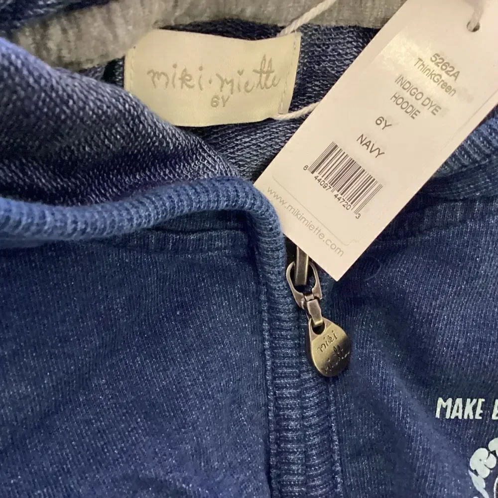 NWT. Miki Miette Brand Boys Size 6 Indigo Hoodie with Think Green Message